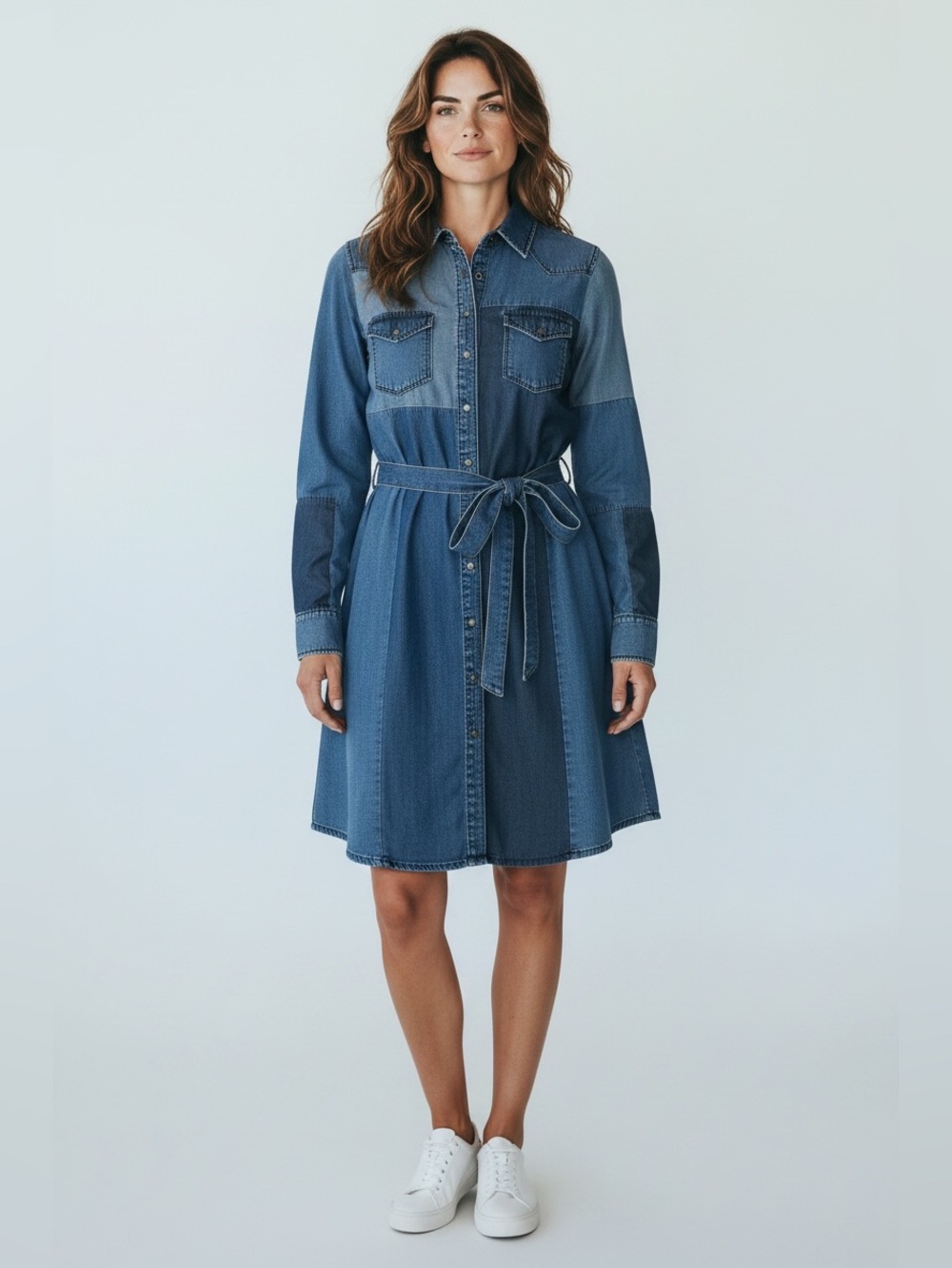 Diesel De-Maris Denim Shirt Dress Patchwork Western Snap Front Small Excellent